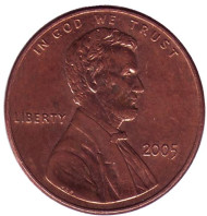 Монета 1 цент. 2005 год (P), США. Линкольн. Монета 1 цент. 2005 год (P), США. Линкольн.