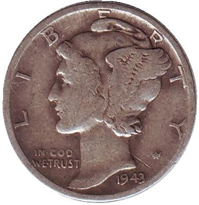 Монета 10 центов. 1943 год, США. Без обозначения монетного двора. Меркурий.