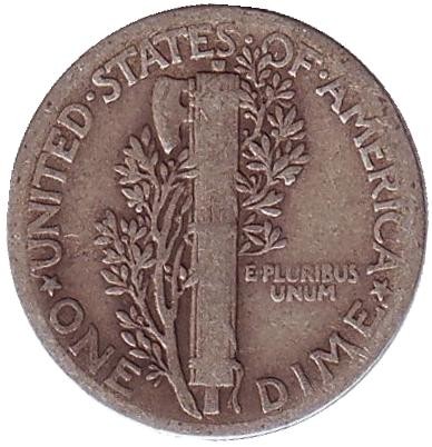 Монета 10 центов. 1943 год, США. Без обозначения монетного двора. Меркурий.