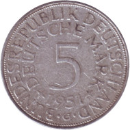 Монета 5 марок. 1951 год (G), ФРГ. Монета 5 марок. 1951 год (G), ФРГ.