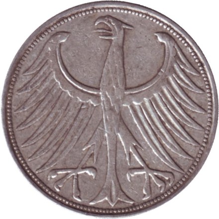 Монета 5 марок. 1951 год (G), ФРГ. Монета 5 марок. 1951 год (G), ФРГ.