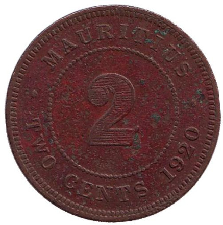 Монета 2 цента. 1920 год, Маврикий.