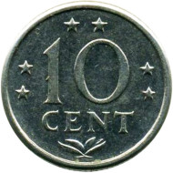 Монета 10 центов. 1974 год, Нидерландские антильские острова. Монета 10 центов. 1974 год, Нидерландские антильские острова.
