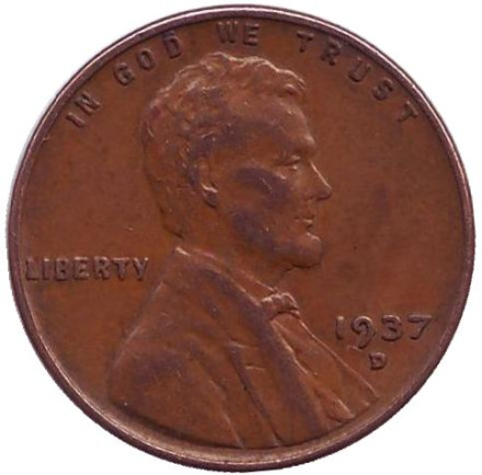 Монета 1 цент. 1937 год (D), США. Линкольн.