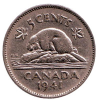 Бобр. Монета 5 центов. 1941 год, Канада.
