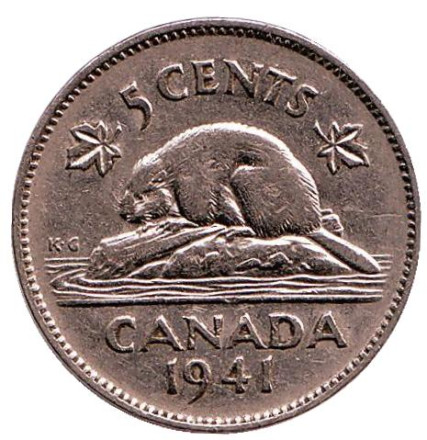 Монета 5 центов. 1941 год, Канада. Бобр.