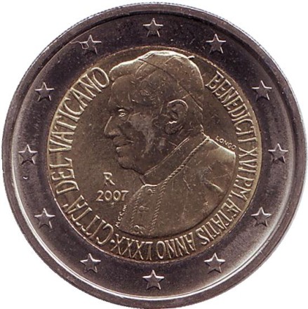 Монета 2 евро. 2007 год, Ватикан. (в буклете) 80 лет со дня рождения Папы Римского Бенедикта XVI.