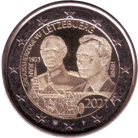 Монета 2 евро. 2021 год, Люксембург. (Гравировка). 100 лет со дня рождения Великого Герцога Жана.