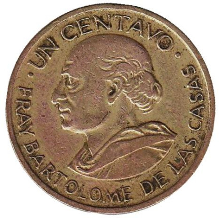 Монета 1 сентаво. 1965 год, Гватемала. Из обращения. Бартоломе де лас Касас.