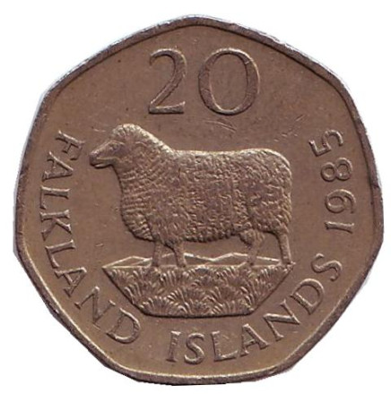 Монета 20 пенсов. 1985 год, Фолклендские острова. Овца "Ромни-марш".