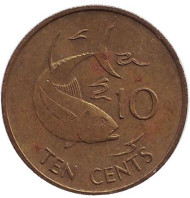 Монета 10 центов. 1982 год, Сейшельские острова. Желтопёрый тунец. Монета 10 центов. 1982 год, Сейшельские острова. Желтопёрый тунец.