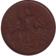 Монета 5 сантимов. 1898 год, Франция. Новый тип. Монета 5 сантимов. 1898 год, Франция. Новый тип.