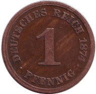 Монета 1 пфенниг. 1874 год (A), Германская империя. Монета 1 пфенниг. 1874 год (A), Германская империя.