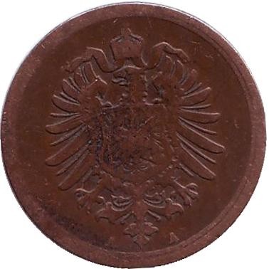 Монета 1 пфенниг. 1874 год (A), Германская империя. Монета 1 пфенниг. 1874 год (A), Германская империя.