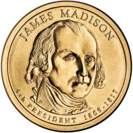4-й президент США. Джеймс Мэдисон. Монетный двор P. 1 доллар, 2007 год, США. 4-й президент США. Джеймс Мэдисон. Монетный двор P. 1 доллар, 2007 год, США.