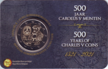 Монета 2 евро. 2021 год, Бельгия. (Надпись: Belgie). 500 лет выпуску гульдена Карла V.