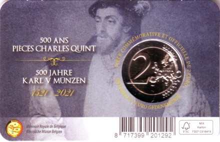 Монета 2 евро. 2021 год, Бельгия. (Надпись: Belgie). 500 лет выпуску гульдена Карла V.