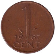 Монета 1 цент. 1967 год, Нидерланды. Монета 1 цент. 1967 год, Нидерланды.
