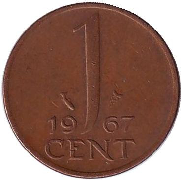 Монета 1 цент. 1967 год, Нидерланды.