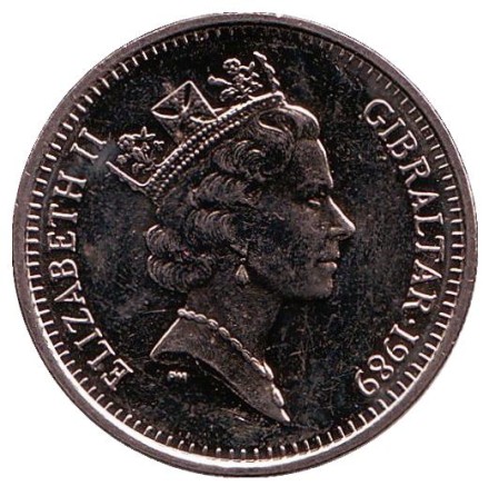 Монета 5 пенсов. 1989 год, Гибралтар. Варварийская обезьяна. (AB).
