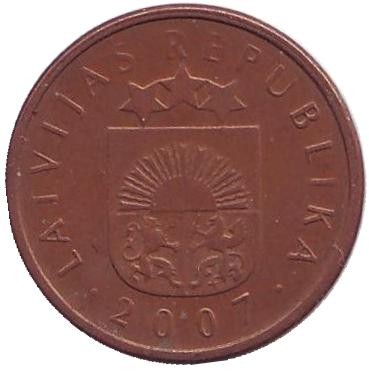 Монета 2 сантима. 2007 год, Латвия. Из обращения. Монета 2 сантима. 2007 год, Латвия. Из обращения.