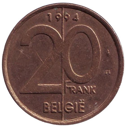 Монета 20 франков. 1994 год, Бельгия (Belgie).