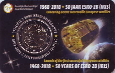 Монета 2 евро. 2018 год, Бельгия. (Надпись: Belgie) 50-летие запуска первого европейского спутника ESRO 2B.