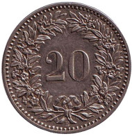 Монета 20 раппенов. 1903 год, Швейцария. Монета 20 раппенов. 1903 год, Швейцария.