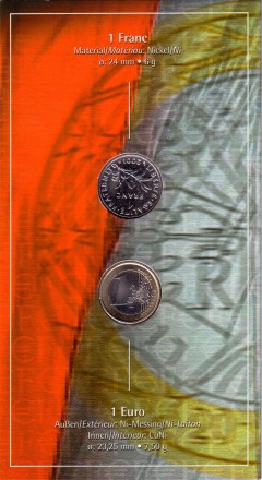 Набор из 2-х монет номиналами 1 франк и 1 евро. 2001 год, Франция. От франка к евро. Набор из 2-х монет номиналами 1 франк и 1 евро. 2001 год, Франция. От франка к евро.