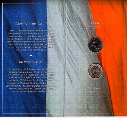 Набор из 2-х монет номиналами 1 франк и 1 евро. 2001 год, Франция. От франка к евро. Набор из 2-х монет номиналами 1 франк и 1 евро. 2001 год, Франция. От франка к евро.