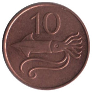 Монета 10 аураров. 1981 год, Исландия. Кальмар. Монета 10 аураров. 1981 год, Исландия. Кальмар.