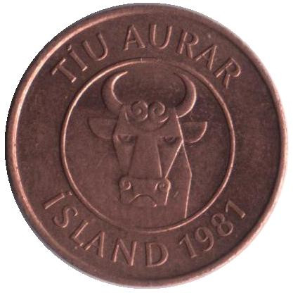 Монета 10 аураров. 1981 год, Исландия. Кальмар.