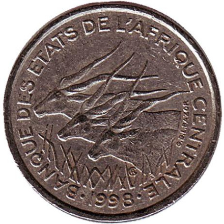 Монета 50 франков. 1998 год, Центральные Африканские штаты. Африканские антилопы. (Западные канны).