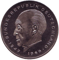 Монета 2 марки. 1979 год (J), ФРГ. Конрад Аденауэр. Монета 2 марки. 1979 год (J), ФРГ. Конрад Аденауэр.