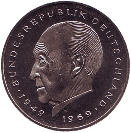 Монета 2 марки. 1979 год (J), ФРГ. UNC. Конрад Аденауэр.