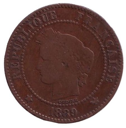 Монета 2 сантима. 1889 год, Франция. Монета 2 сантима. 1889 год, Франция.