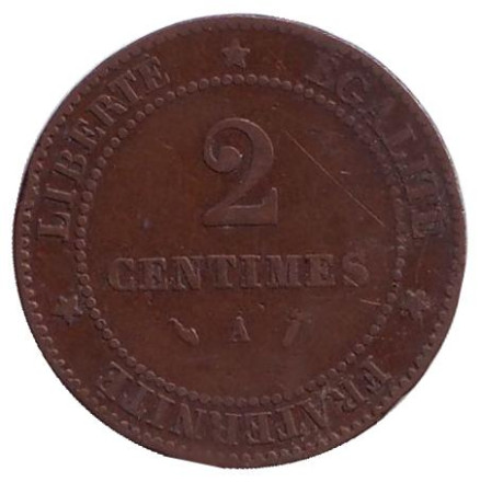 Монета 2 сантима. 1889 год, Франция.