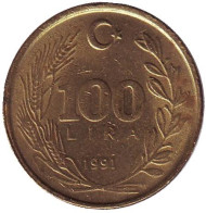 Монета 100 лир. 1991 год, Турция. Монета 100 лир. 1991 год, Турция.