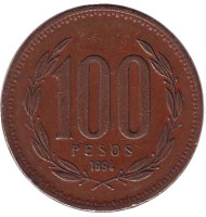 Монета 100 песо. 1994 год, Чили. Монета 100 песо. 1994 год, Чили.