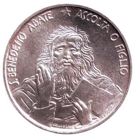Монета 1000 лир. 1980 год, Сан-Марино. 1500 лет со дня рождения Св. Бенедикта Нурсийского.