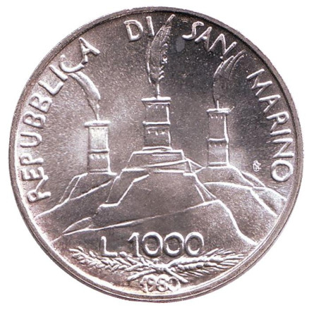 Монета 1000 лир. 1980 год, Сан-Марино. 1500 лет со дня рождения Св. Бенедикта Нурсийского. Монета 1000 лир. 1980 год, Сан-Марино. 1500 лет со дня рождения Св. Бенедикта Нурсийского.