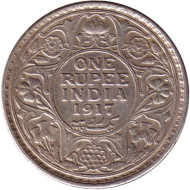 Монета 1 рупия. 1917 год, Индия Британская. ("•" - Бомбей). Монета 1 рупия. 1917 год, Индия Британская. ("•" - Бомбей).