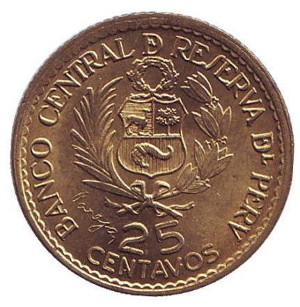 Монета 25 сентаво. 1965 год, Перу. aUNC. 400 лет открытию Монетного двора Лимы.