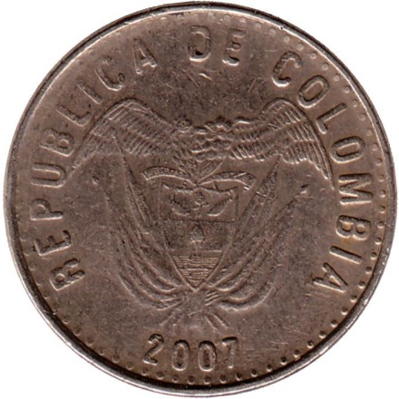 Монета 50 песо. 2007 год, Колумбия. (Немагнитная).