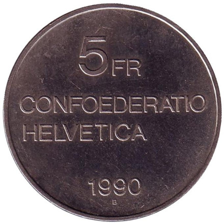 Монета 5 франков. 1990 год, Швейцария. 100 лет со дня смерти Готфрида Келлера. Монета 5 франков. 1990 год, Швейцария. 100 лет со дня смерти Готфрида Келлера.