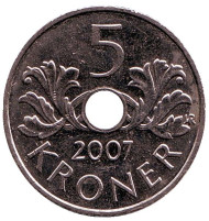 Монета 5 крон. 2007 год, Норвегия.