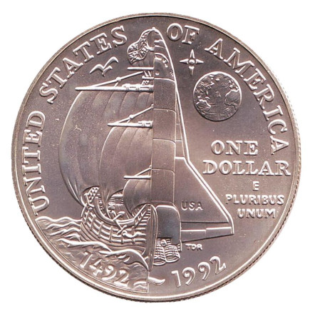 Монета 1 доллар. 1992 год, США. BU. 500 лет путешествию Колумба.