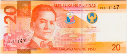Банкнота 20 песо. 2022 год, Филиппины. Мануэль Кесон.