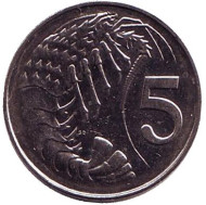 Монета 5 центов. 2005 год, Каймановы острова. Розово-пятнистая креветка.