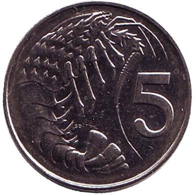 Монета 5 центов. 2005 год, Каймановы острова. Розово-пятнистая креветка.